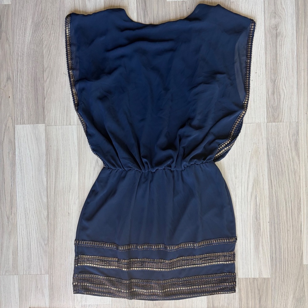 SLNY Navy Blue Chiffon Blouson Dress Gold Metallic Trim Size 8 Cocktail Evening